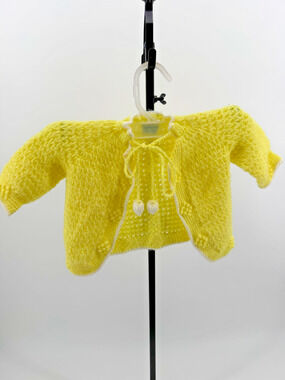 Vintage Cradle Craft Baby Sweater Knit Yellow Cardigan Tie Front One Size